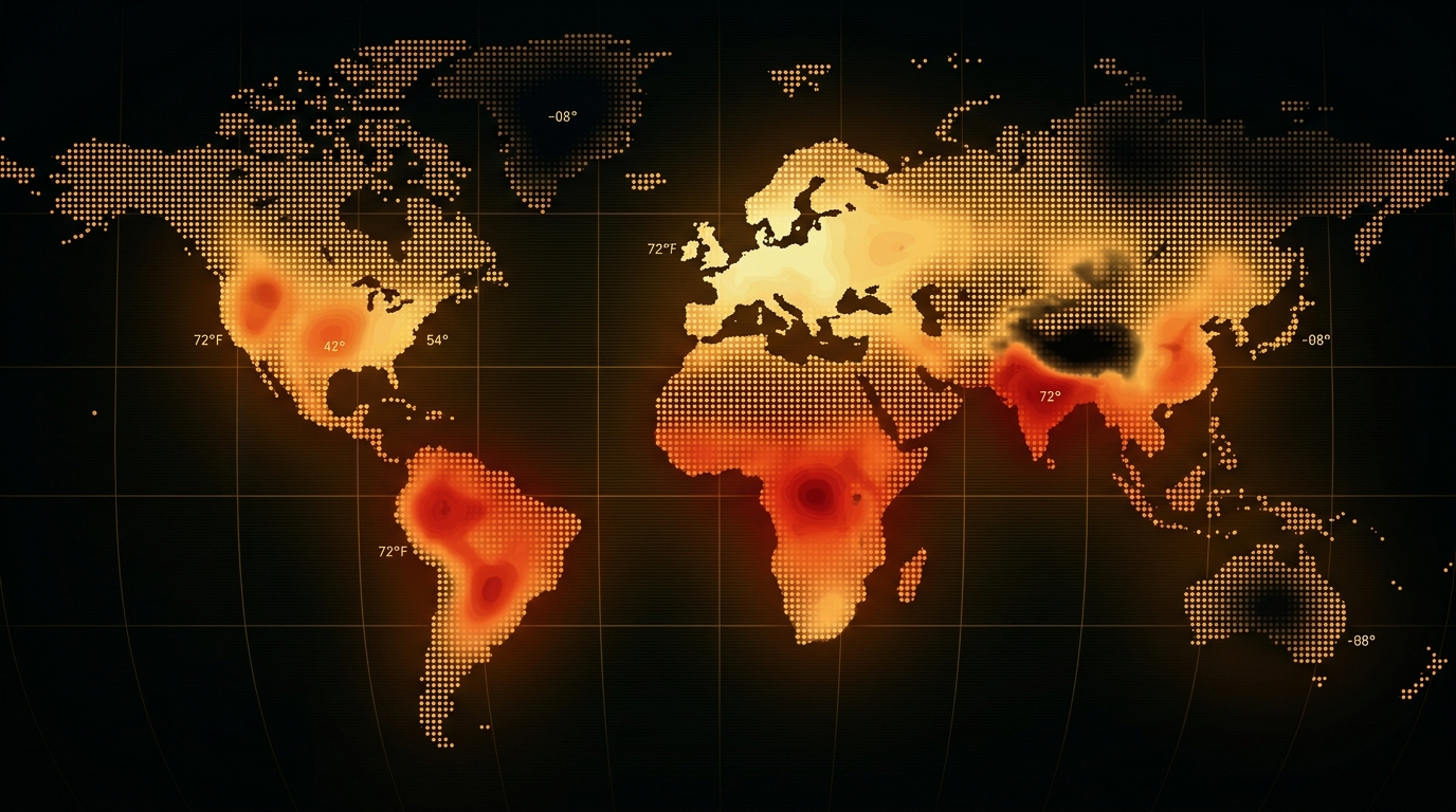 Dotted world map with cyclones, jetstreams and temperature readouts